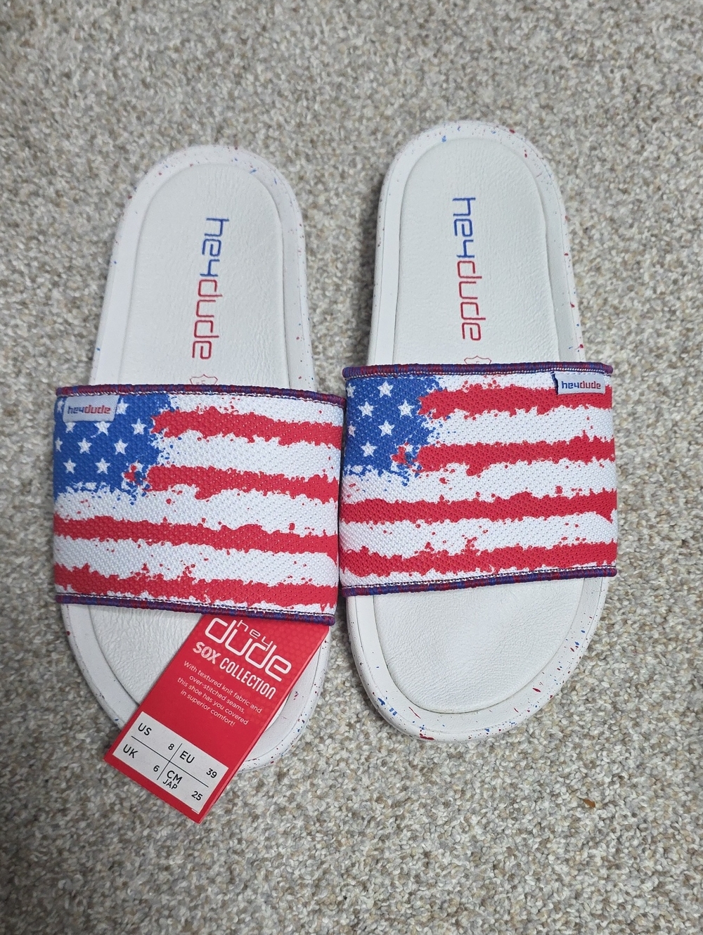 Hey Dude Womens Americana Flag Slide Sandals in Red White Blue